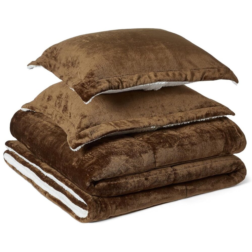 Brand New Brown 3 Piece DQ Reversible Micromink Sherpa Comforter Set